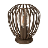 Varvessa Table Lamp in bronze with a rounded steel cage shade, open top ring, E27 globe bulb, and low disc base, shown on a plain white background.