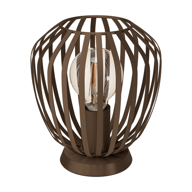 Varvessa Table Lamp in bronze with a rounded steel cage shade, open top ring, E27 globe bulb, and low disc base, shown on a plain white background.