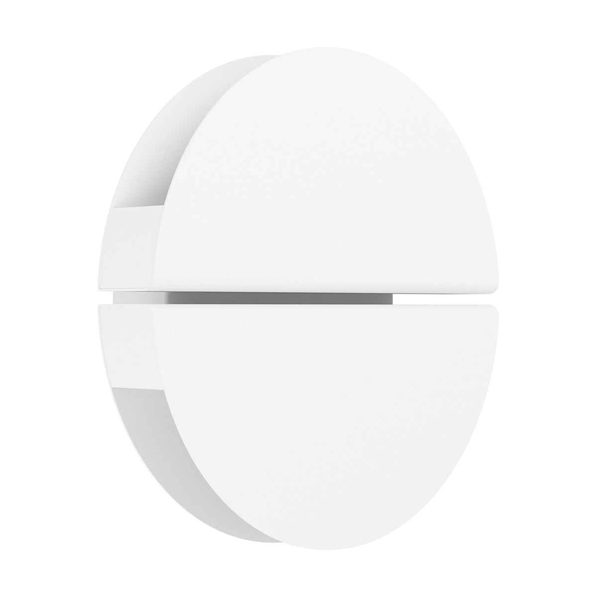 Vascella LED Wall Light 18cm in white stainless steel, round design with two half-disc plates and a slim horizontal slot between them, shown on a plain white background.