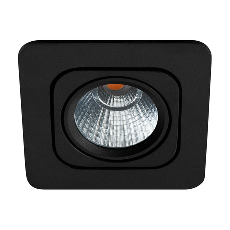 Vascello P LED Downlight in black, square recessed fitting with cast aluminium body, tilting inner frame, and faceted silver reflector, shown on a plain white background.