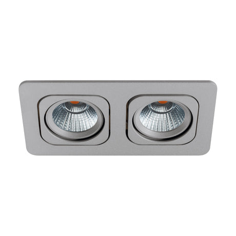 Vascello P LED Downlight in silver, a rectangular recessed ceiling panel with two round heads featuring ribbed reflectors and clear glass, shown on a plain white background.