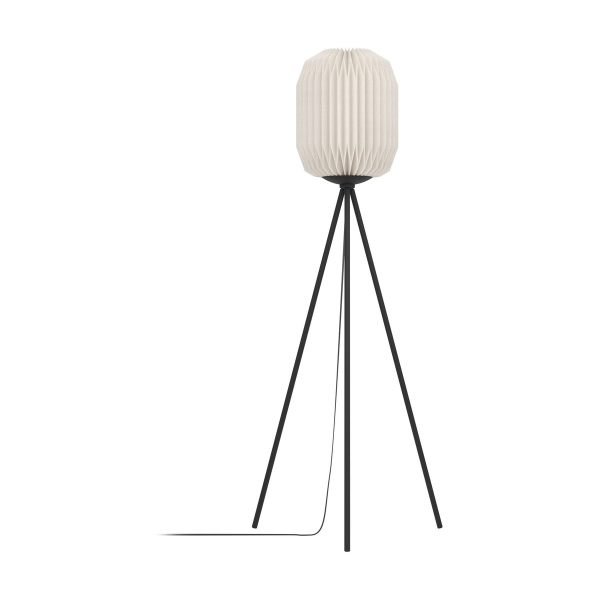 Vavanne tripod floor lamp with tall pleated white paper lantern shade and slim black steel tripod legs, shown on a plain white background.