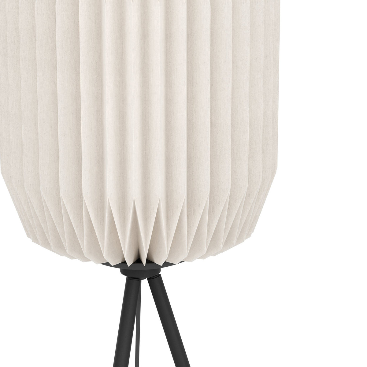 Close-up of the Vavanne Floor Lamp's pleated white paper lantern shade tapering onto a black steel tripod base, shown on a plain white background.