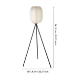 Vavanne tripod floor lamp with black steel legs and tall pleated white paper lantern shade, shown with height and width dimensions on a white background.