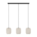 Vavanne Paper Linear Pendant Light with three white pleated paper lantern shades suspended by black cords from a slim black ceiling bar, shown on a plain white background.