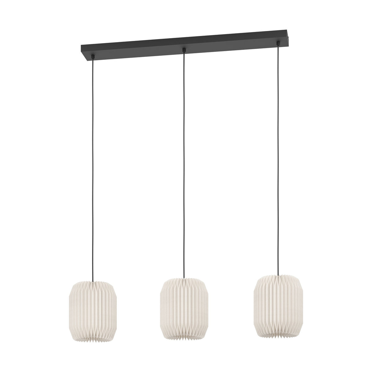 Vavanne Paper Linear Pendant Light featuring three pleated white paper lantern shades suspended from a slim black steel ceiling bar, shown on a plain white background.