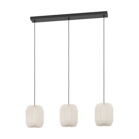 Vavanne Paper Linear Pendant Light featuring three pleated white paper lantern shades suspended from a slim black steel ceiling bar, shown on a plain white background.