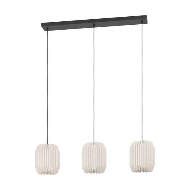 Vavanne Paper Linear Pendant Light featuring three pleated white paper lantern shades suspended from a slim black steel ceiling bar, shown on a plain white background.