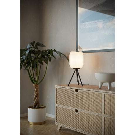 Vavanne Table Lamp with pleated white paper shade on a black steel tripod base, shown lit on a sideboard beside a potted plant.