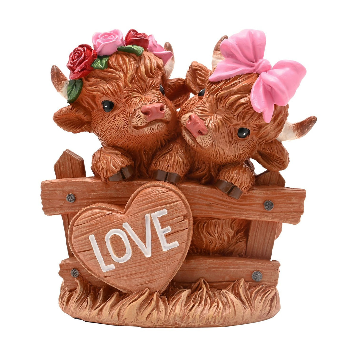 Highland Cow Couple 'Love' Heart Figurine - Brown & Pink