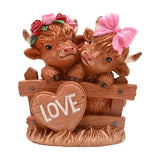Highland Cow Couple 'Love' Heart Figurine - Brown & Pink
