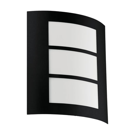 Velbessa Outdoor Wall Light in black, curved steel body with three horizontal white diffuser panels divided by slim bars, shown on a plain white background.