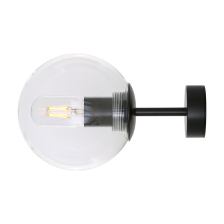 Venice Glass Globe Wall Light with clear round glass shade on a matt black straight arm and circular wall plate, Edison filament bulb visible, plain white background.