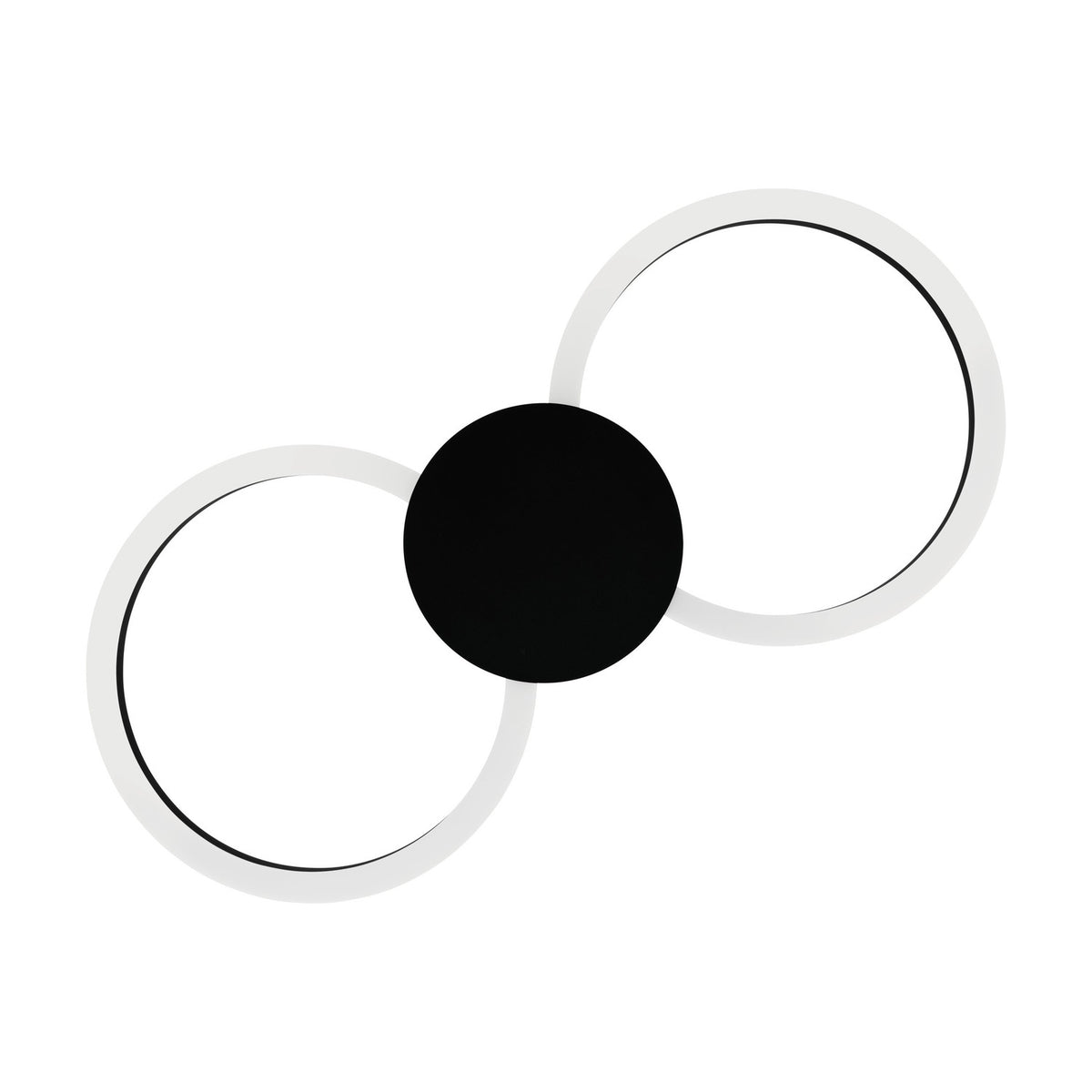 Venticello LED flush ceiling light with two linked rings and a black central disc, black aluminium body with white plastic diffusers, shown on a plain white background.