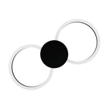 Venticello LED flush ceiling light with two linked rings and a black central disc, black aluminium body with white plastic diffusers, shown on a plain white background.