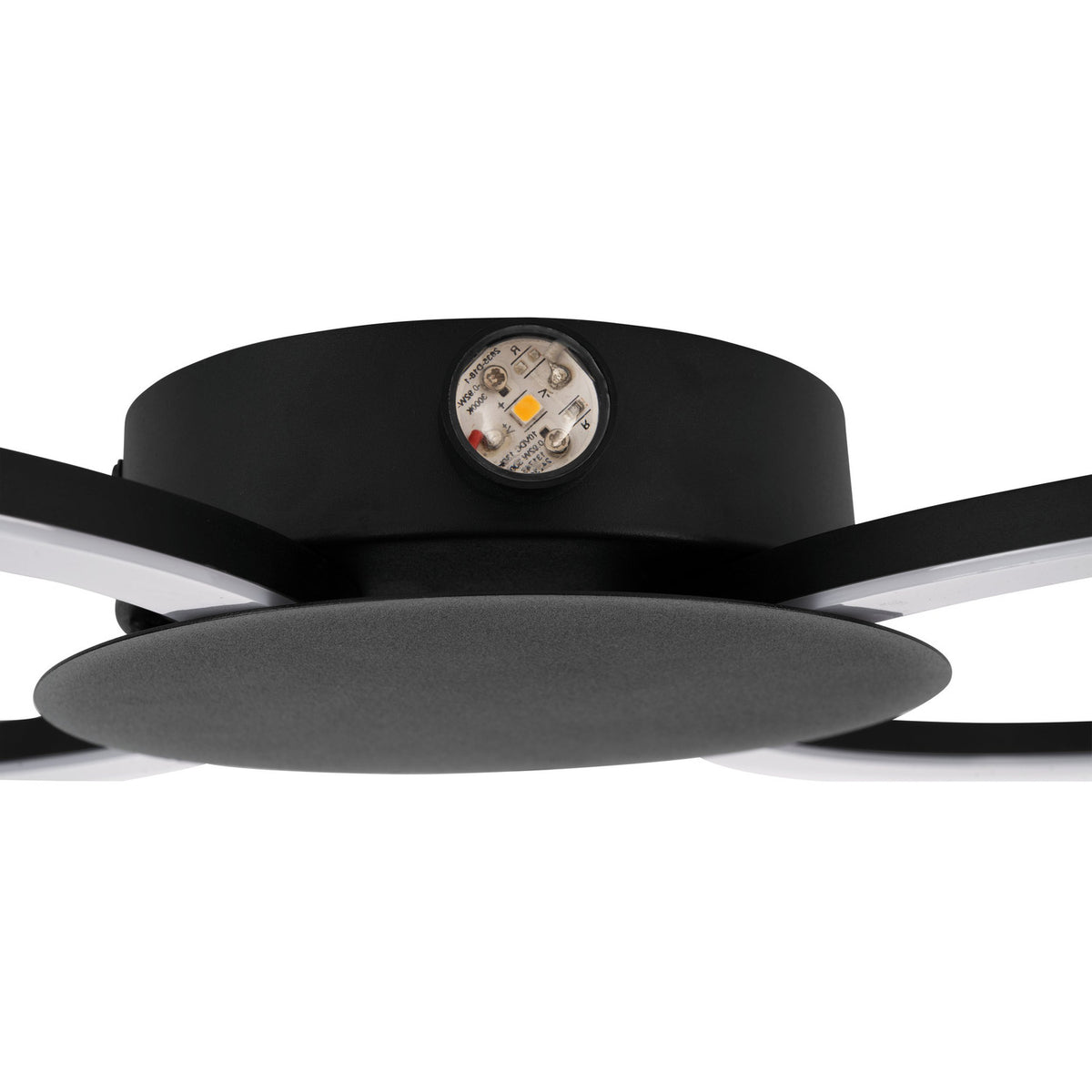 Close-up of the Venticello LED flush ceiling light's black central disc showing the integrated LED module and ring arms, on a plain white background.
