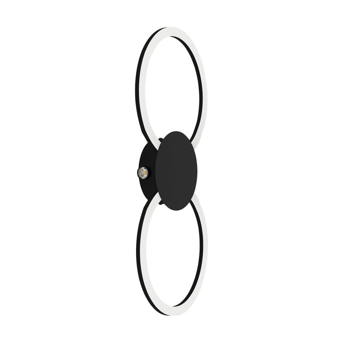 Venticello LED flush ceiling light in black aluminium, shaped as two linked rings with white plastic diffusers and a round central disc, shown on a plain white background.