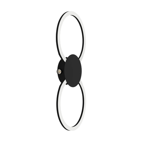 Venticello LED flush ceiling light in black aluminium, shaped as two linked rings with white plastic diffusers and a round central disc, shown on a plain white background.