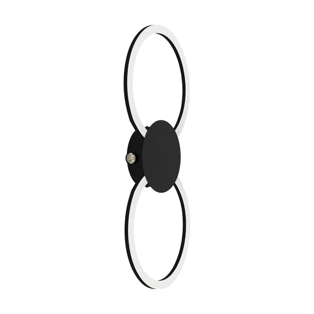 Venticello LED flush ceiling light in black aluminium, shaped as two linked rings with white plastic diffusers and a round central disc, shown on a plain white background.