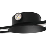 Close-up of the Venticello LED flush ceiling light in black, showing the round aluminium canopy, integrated LED module, and offset linear bars with white diffusers against a plain background.