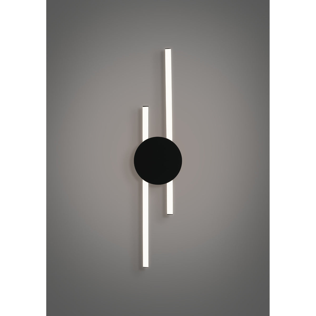 Venticello LED flush ceiling light in black, featuring a round disc canopy with two offset vertical light bars with white diffusers, shown wall-mounted against a grey background.