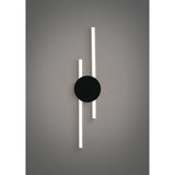 Venticello LED flush ceiling light in black, featuring a round disc canopy with two offset vertical light bars with white diffusers, shown wall-mounted against a grey background.