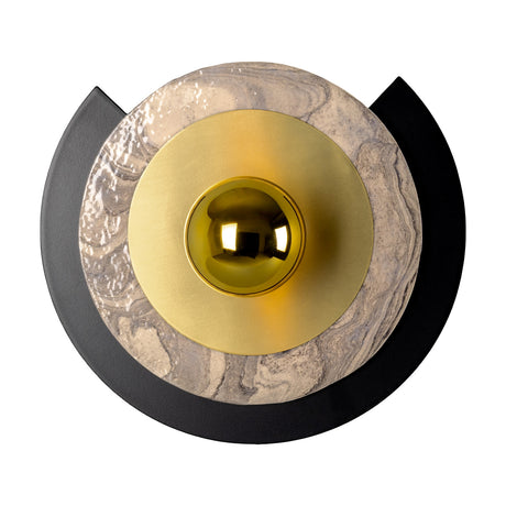 Venus Colourful Brass Disc Wall Light with a black crescent backplate, marbled stone disc and brushed brass disc centring a round gold bulb, shown on a plain white background.