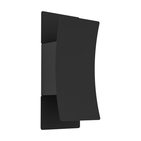 Verdolino LED Outdoor Wall Light in black steel, featuring a curved front panel over a rectangular backplate, shown at an angle on a plain white background.