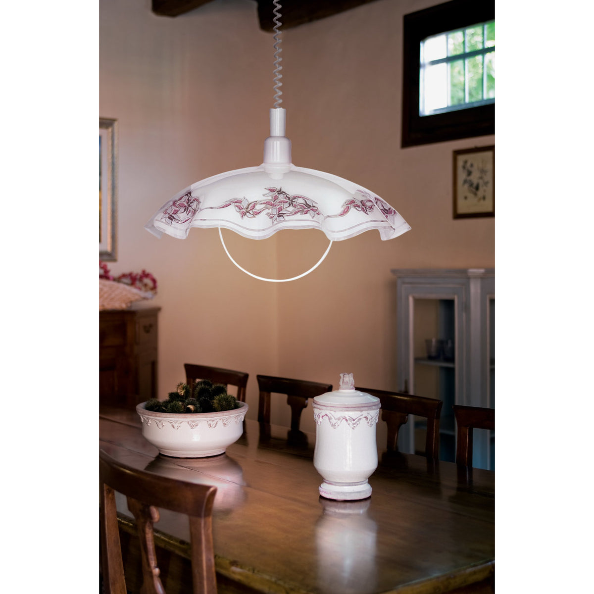 Vetro Glass Pendant Light 42cm in white, with scalloped rim and floral border, shown on a coiled cord above a dining table in a traditional dining room setting.