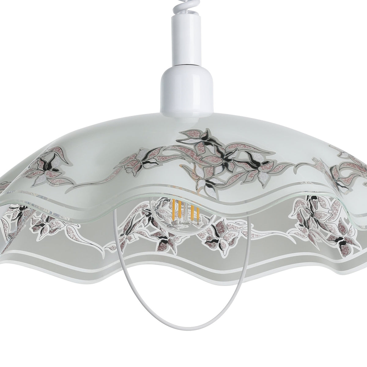 Vetro Glass Pendant Light 42cm in white, close-up of the frosted dome with wavy rim and purple-black floral border, white ceiling cup and cord, on a plain background.