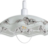 Vetro Glass Pendant Light 42cm in white, close-up of the frosted dome with wavy rim and purple-black floral border, white ceiling cup and cord, on a plain background.
