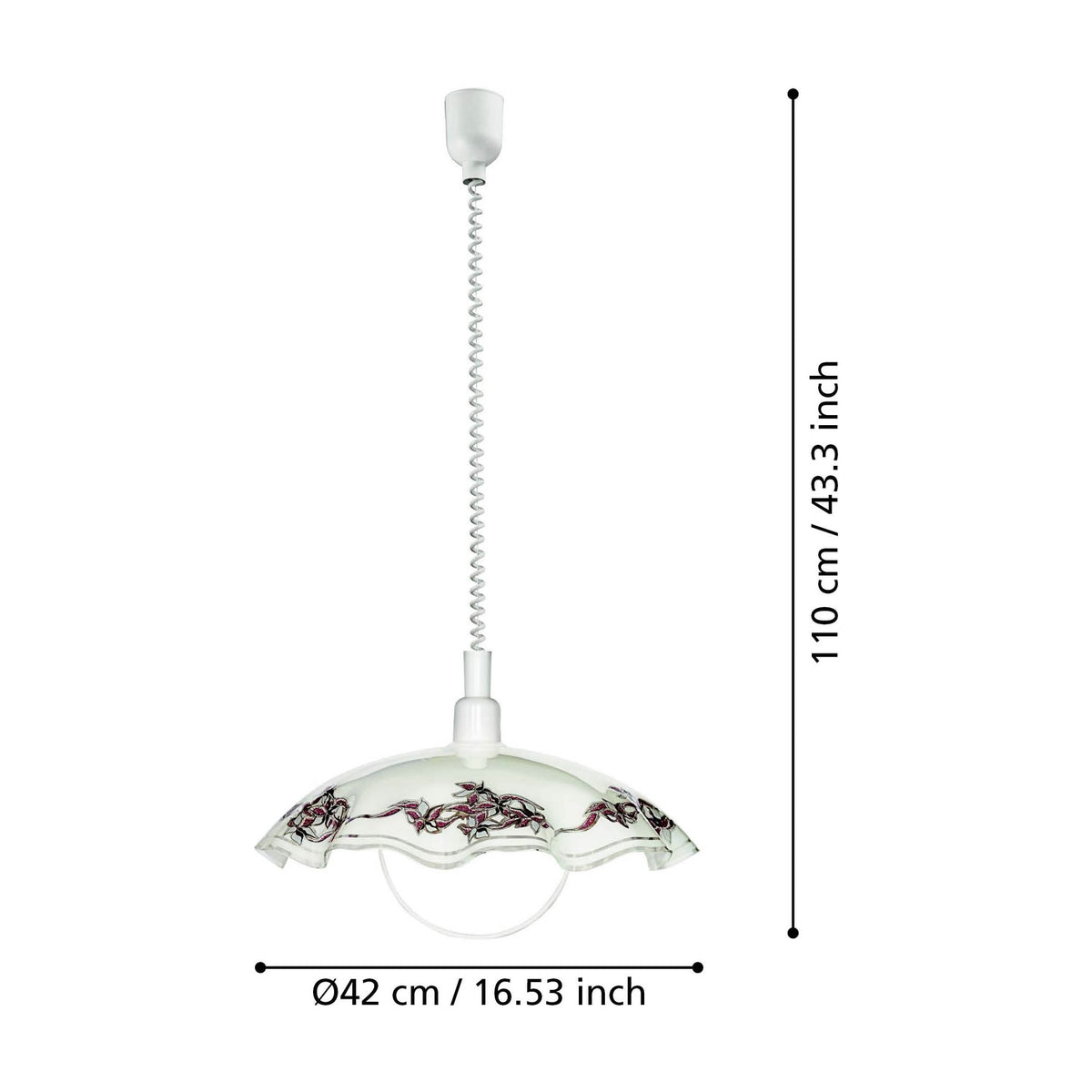 Vetro Glass Pendant Light, 42cm white satin glass dome with wavy rim and floral border, on a coiled rise-and-fall cord with white ceiling cup, shown with dimensions on a white background.