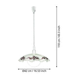 Vetro Glass Pendant Light, 42cm white satin glass dome with wavy rim and floral border, on a coiled rise-and-fall cord with white ceiling cup, shown with dimensions on a white background.