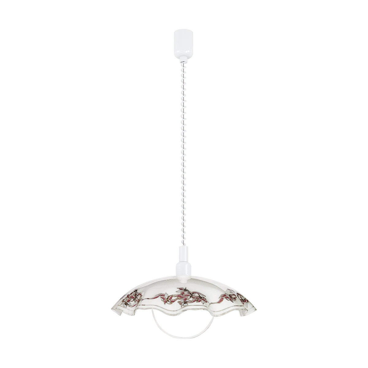 Vetro Glass Pendant Light 42cm in white, a single E27 dome shade with wavy rim and floral border, on a coiled white cord with ceiling cup, shown on a plain background.