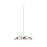 Vetro Glass Pendant Light 42cm in white, a single E27 dome shade with wavy rim and floral border, on a coiled white cord with ceiling cup, shown on a plain background.