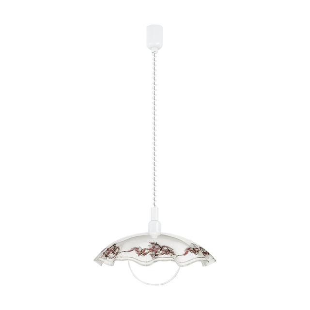 Vetro Glass Pendant Light 42cm in white, a single E27 dome shade with wavy rim and floral border, on a coiled white cord with ceiling cup, shown on a plain background.