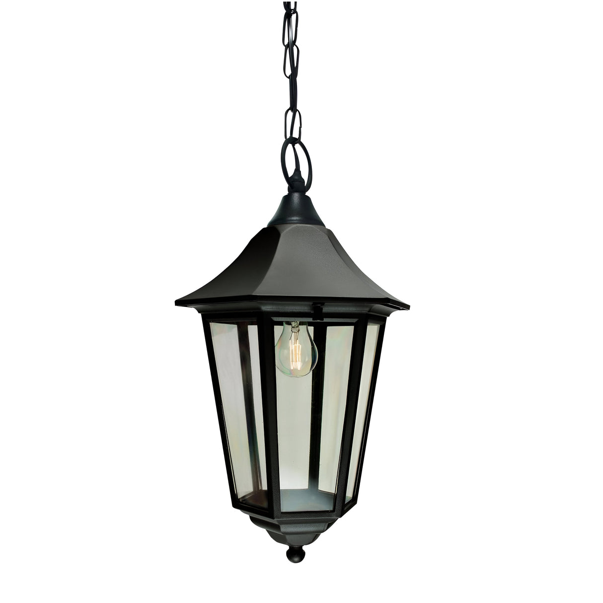 The Valencia Outdoor Large 1 Light Chain Pendant - Black is a stylish hanging lantern featuring classic design components. Crafted from die-cast aluminum, it boasts a black powder-coated finish. Its clear glass panels showcase a visible light bulb, and the slightly flared conical roof provides an elegant touch.