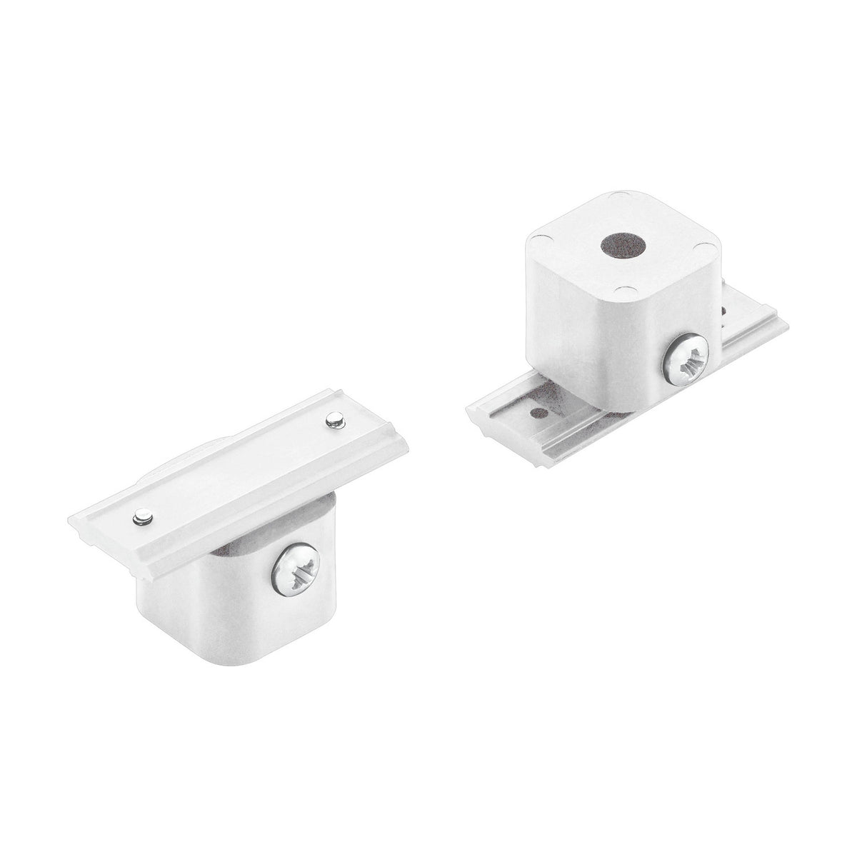 Villanova 1 Mounting Kit in white plastic, showing a slotted track plate with a squared connector body, cross-head fixing screw and round centre opening, on a plain white background.