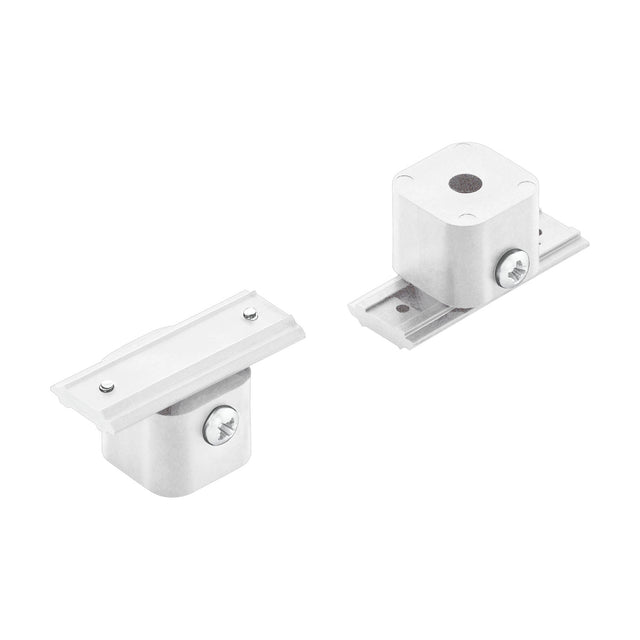 Villanova 1 Mounting Kit in white plastic, showing a slotted track plate with a squared connector body, cross-head fixing screw and round centre opening, on a plain white background.