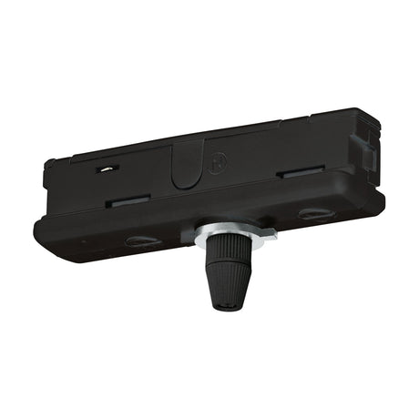 Villanova 1 Track Adapter in black plastic, a compact end-feed connector with screw terminal and central bulb-style connector, shown on a plain white background.