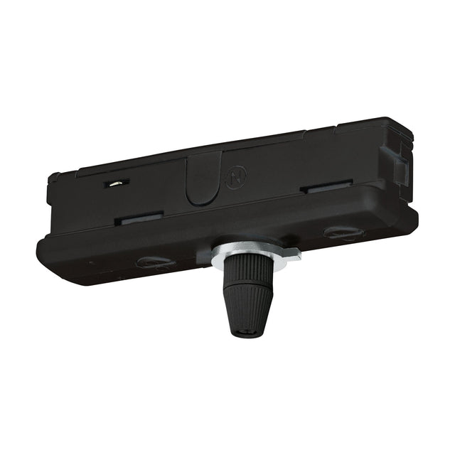 Villanova 1 Track Adapter in black plastic, a compact end-feed connector with screw terminal and central bulb-style connector, shown on a plain white background.