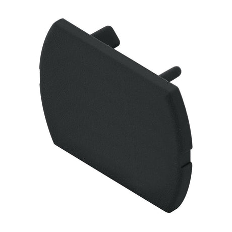 Villanova 1 track end cap in matte black plastic with a curved outline and two rear locating pins, shown on a plain white background.