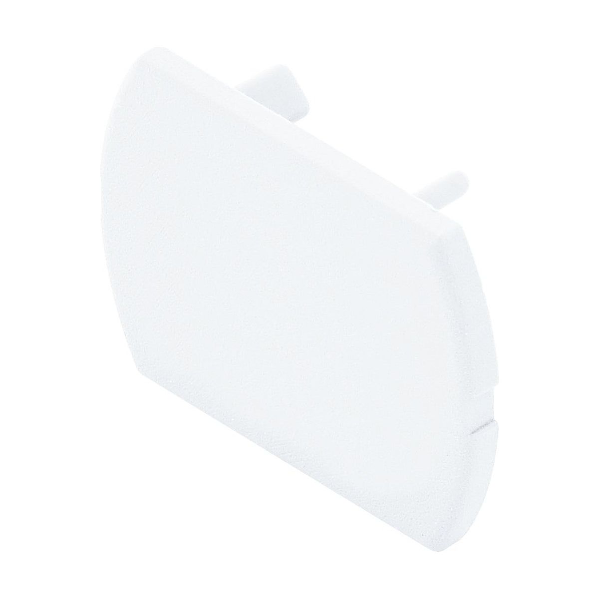 Villanova 1 Track End Cap in white plastic, a small curved plate with two rear locating pins, shown against a plain white background.