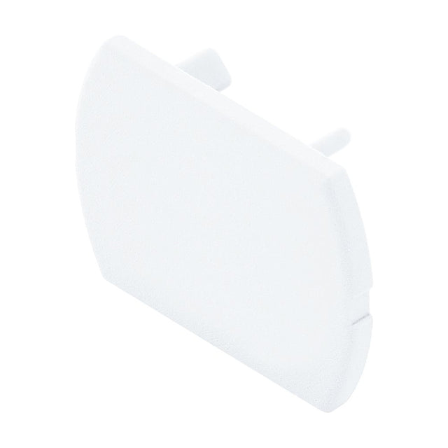 Villanova 1 Track End Cap in white plastic, a small curved plate with two rear locating pins, shown against a plain white background.