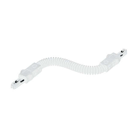 Villanova 1 Track Flexible Connector in white plastic, showing two end couplers joined by a bendable corrugated section, on a plain white background.