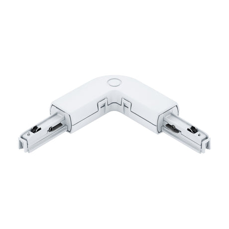 Villanova 1 Track L Connector in white plastic, an L-shaped 90-degree joint with two track ends for connecting lighting track runs, shown on a plain white background.
