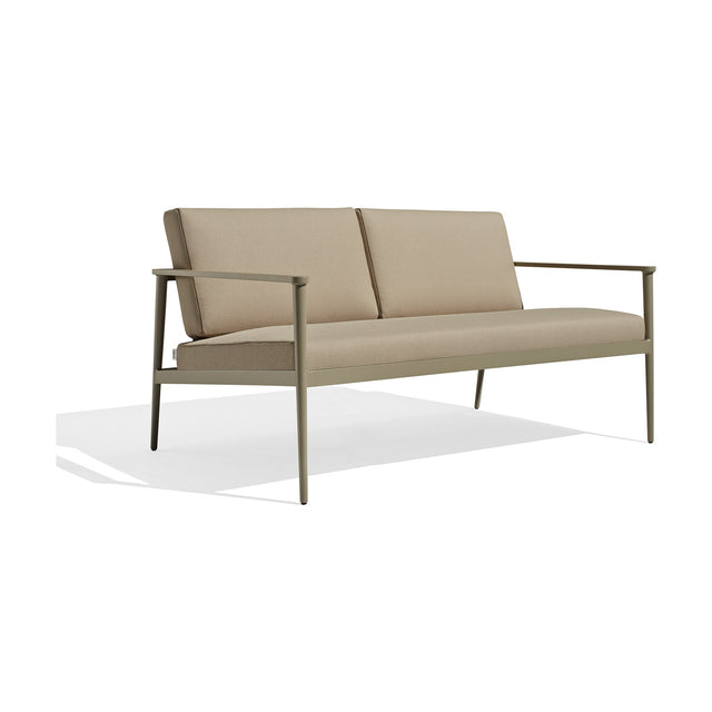 Vint Aluminium 2 Seater Garden Sofa with beige cushions, open arms, and a slim tapered khaki-green frame, shown on a plain white background.