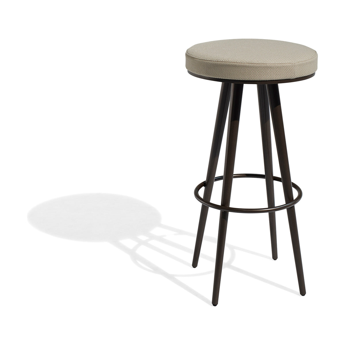 Vint Aluminium Outdoor Bar Stool with a round beige fabric seat cushion, slim tapered dark brown legs and a circular footrest ring, shown on a plain white background.