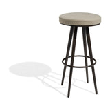 Vint Aluminium Outdoor Bar Stool with a round beige fabric seat cushion, slim tapered dark brown legs and a circular footrest ring, shown on a plain white background.