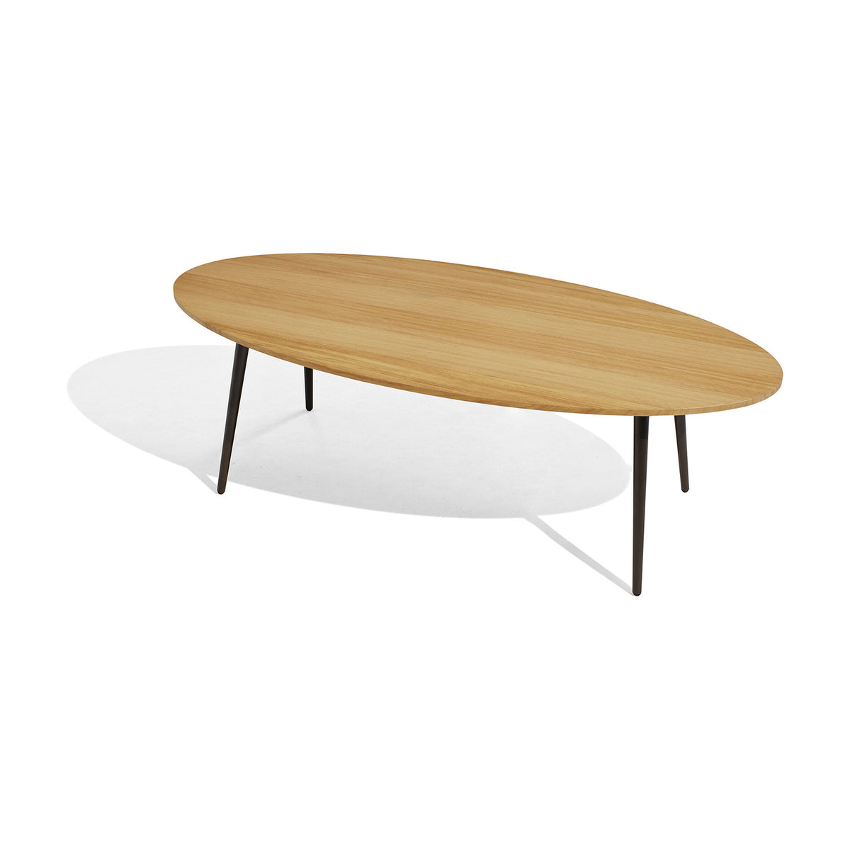 Vint Aluminium Oval Outdoor Coffee Table, 130 x 60cm, with a light wood-finish oval top on slim tapered dark metal legs, shown on a plain white background.